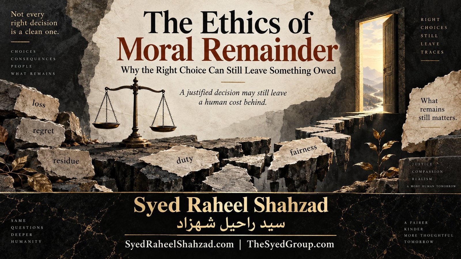 The Ethics of Moral Remainder — Syed Raheel Shahzad Philosophical artwork by Syed Raheel Shahzad showing fractured paths, balanced scales and fragments marked loss, regret, duty and fairness, symbolizing moral remainder after a justified but costly choice.